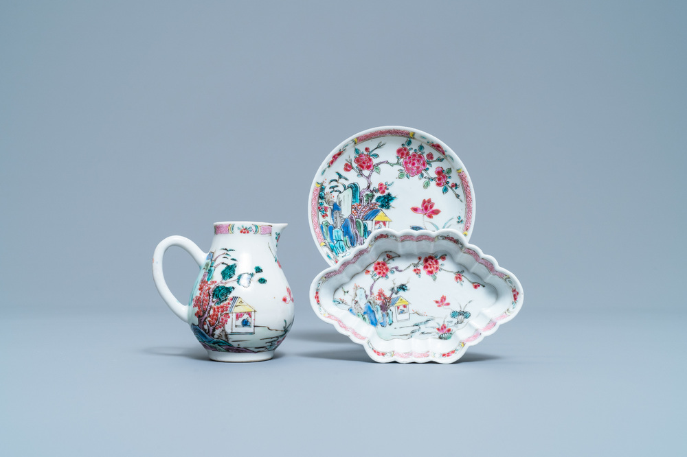 A Chinese famille rose 'mountainous landscape' jug, a pattipan and a saucer, Yongzheng