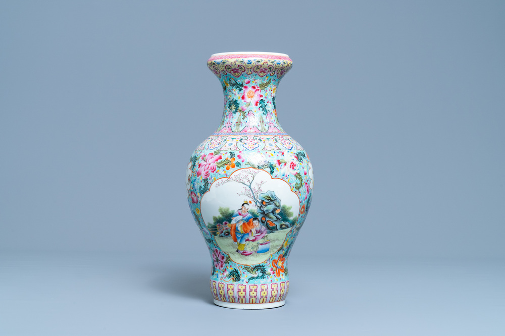 A Chinese famille rose vase with figures in a garden, Qianlong mark, Republic