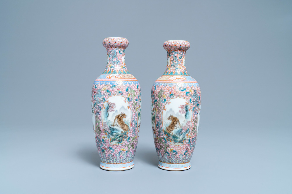 A pair of Chinese famille rose vases with tigers, Qianlong mark, 20th C.