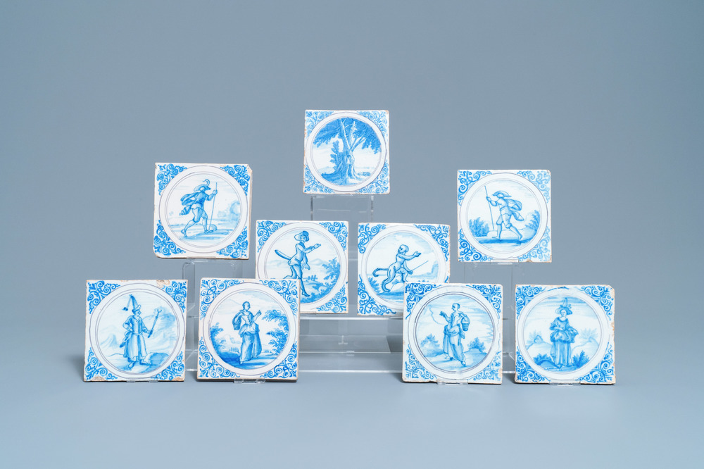 Nine blue, white and manganese Delft style tiles, Montpellier, France, 17th C.