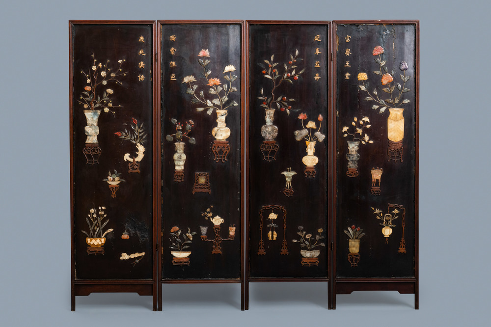 A Chinese lacquered wooden screen embellished with bone, wood and various stones, 18/19th C.