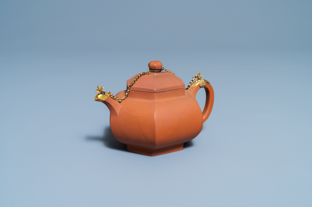 A Chinese gilt-mounted Yixing stoneware teapot and cover, Kangxi