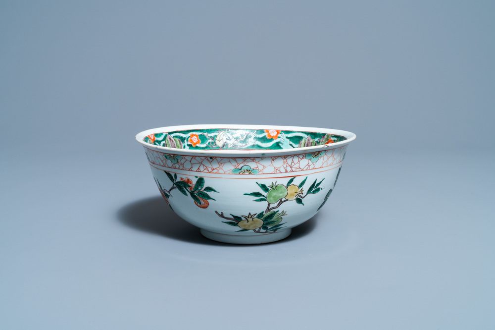 A Chinese famille verte bowl with flowers and fruits, Kangxi