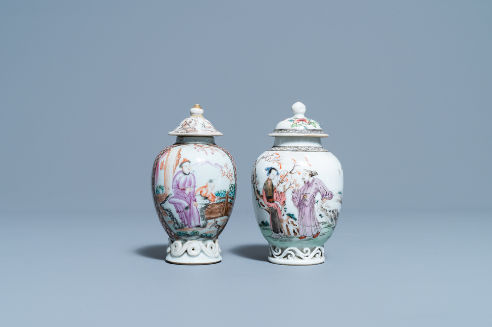 Two Chinese famille rose tea caddies and covers, Yongzheng/Qianlong