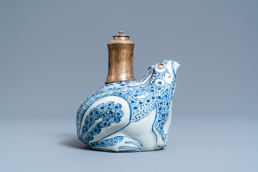 A Chinese silver-mounted blue and white 'frog' kendi, Wanli