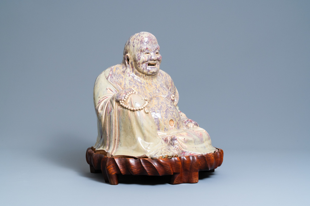 Bonhams : A matched pair of flambé-glazed Shiwan figures Chengu Zhaizao  marks, 19th/20th century (2)