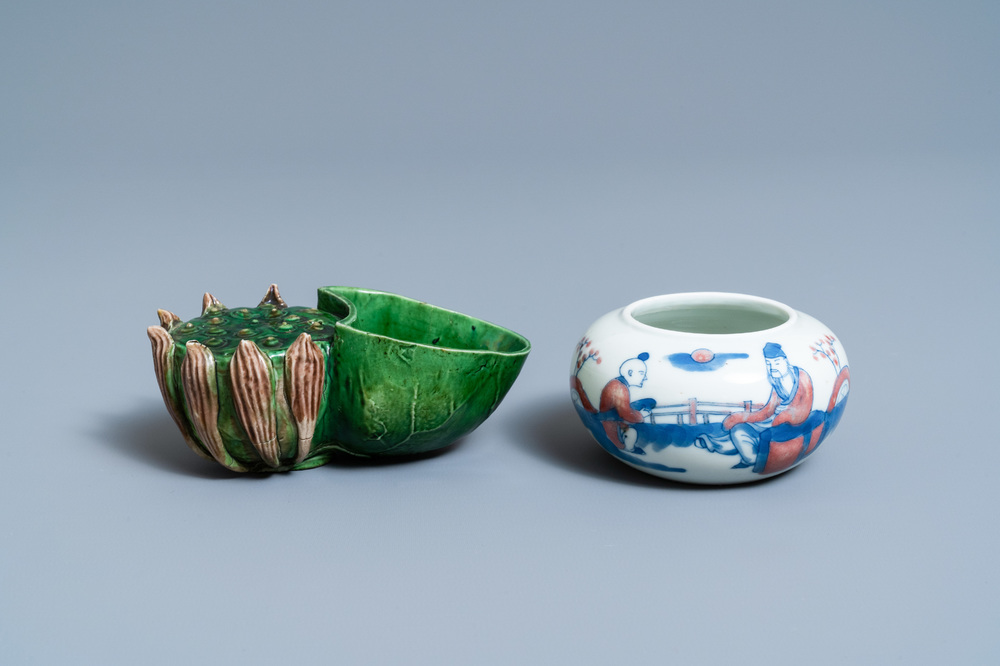 A Chinese verte biscuit 'lotus' water dropper and a blue, white and copper red brush washer, Kangxi and 19th C.