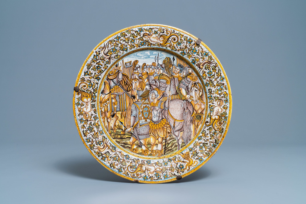 A large Italian maiolica armorial charger, Francesco Grue workshop, Castelli, 17th C.