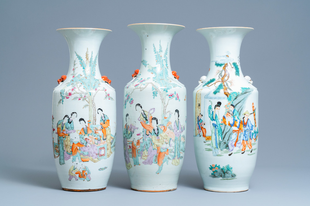 Three Chinese famille rose and qianjiang cai vases, 19/20th C.