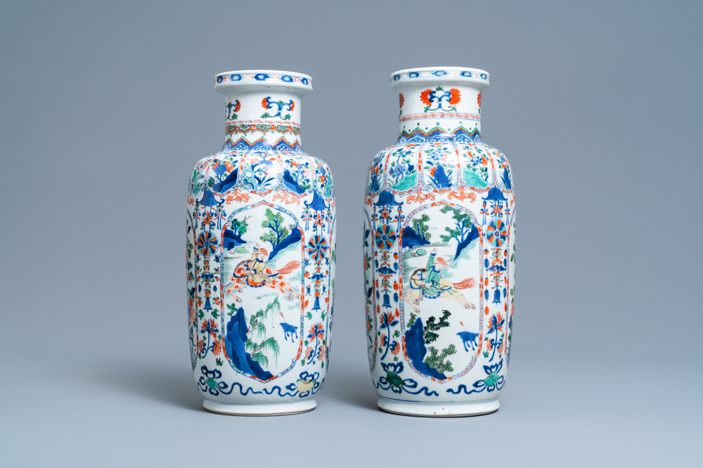 A pair of Chinese famille verte rouleau vases, Kangxi