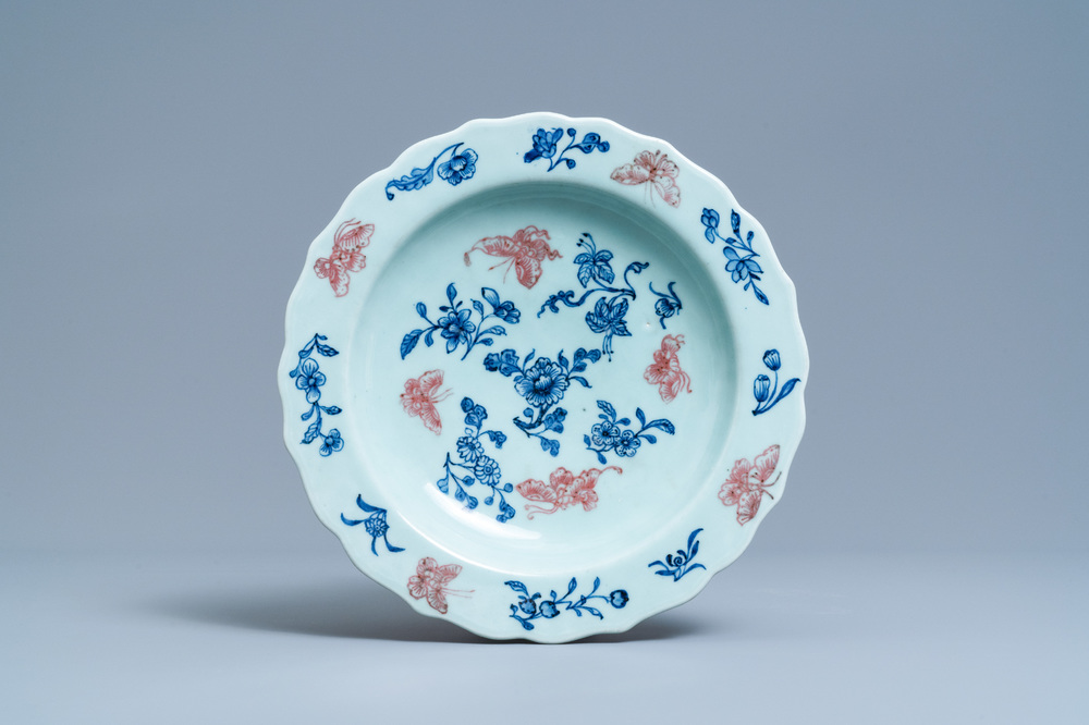 A Chinese blue, white and copper red celadon-ground dish, Qianlong mark and of the period