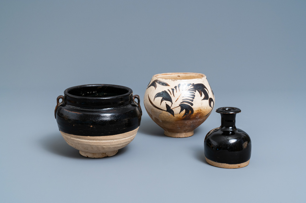 Two Chinese Cizhou pottery vases and a bowl, Song and Ming