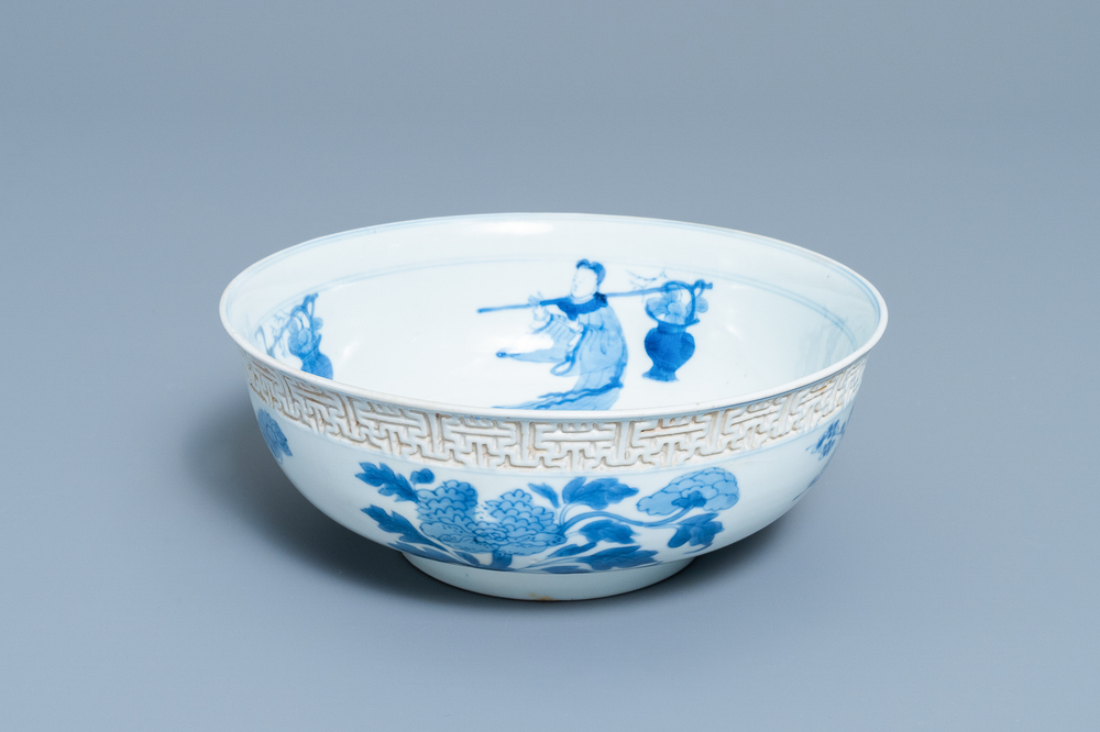A Chinese blue and white relief-molded bowl, Kangxi