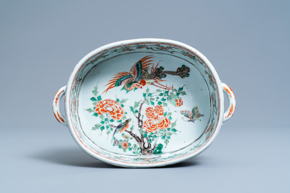 An oval Chinese famille verte 'phoenix' basin, Kangxi