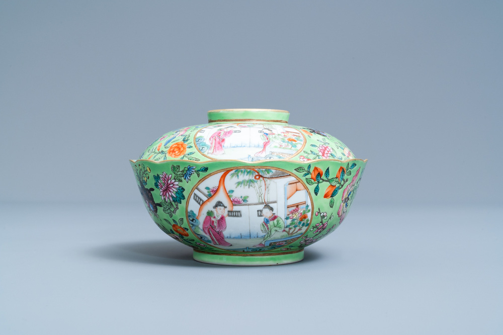 A Chinese green-ground famille rose bowl and cover, Daoguang mark and of the period