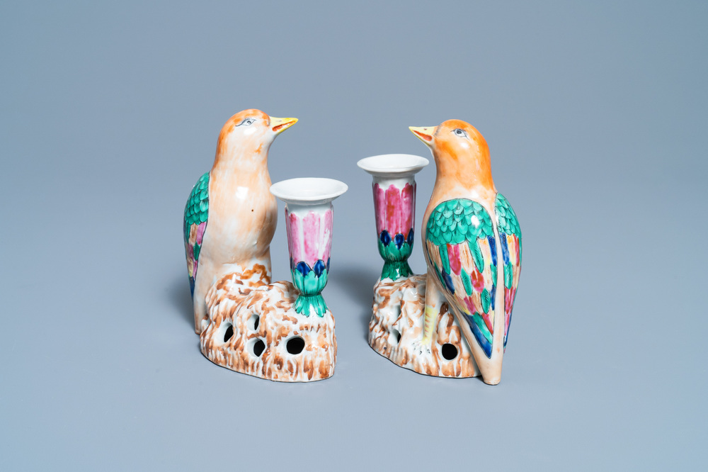 A pair of Chinese famille rose bird-shaped candlesticks, Jiaqing