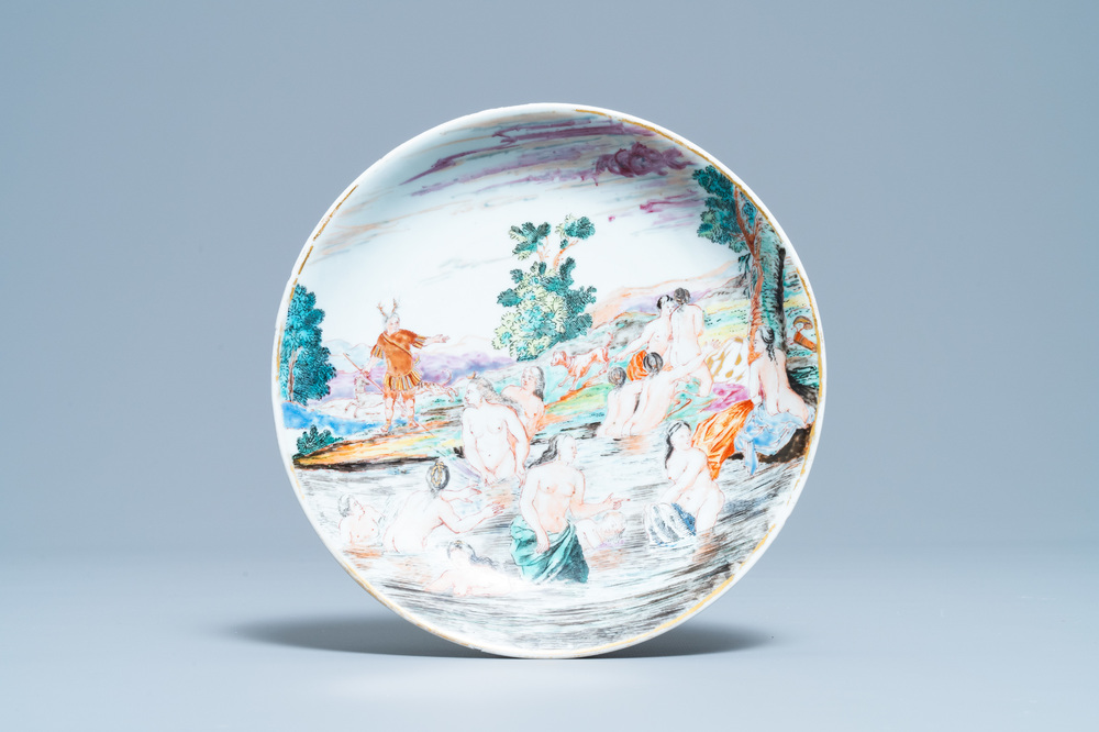 A Chinese famille rose eggshell 'Diana and Actaeon' plate with Dutch inscription, Yongzheng