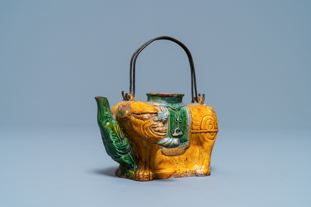 A Chinese sancai-glazed elephant-shaped ewer, Qing