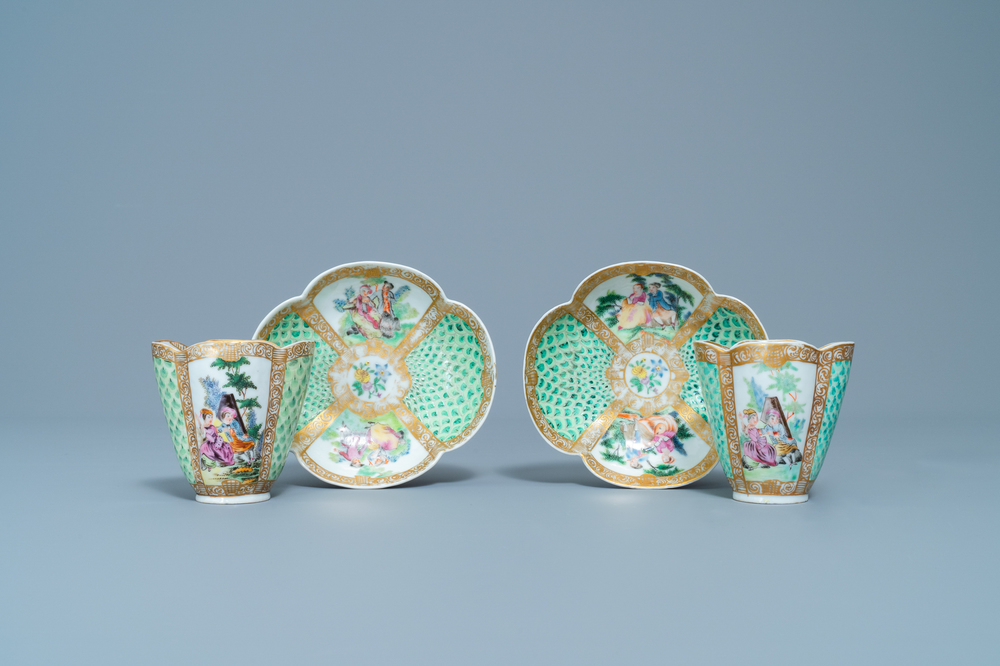 A pair of Chinese quadrilobed Meissen-style AR-marked cups and saucers, Tongzhi