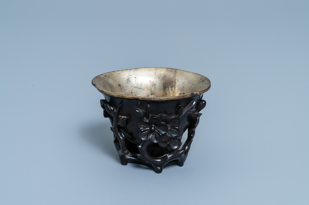 A Chinese zitan wood and silver libation cup, 17th C.