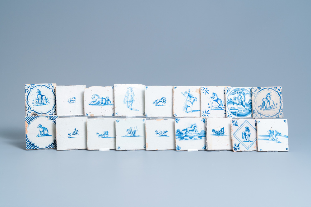 Eighteen Dutch Delft blue and white 'horse' tiles, 17/18th C.