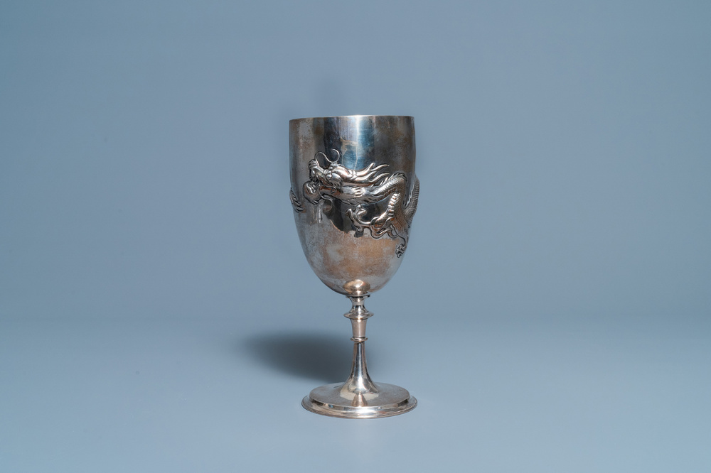 A tall Chinese silver 'dragon' goblet, Wang Hing, Canton, 19th C.