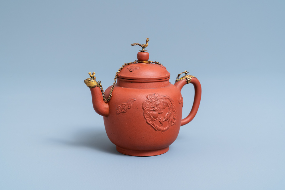 A Chinese gilt-mounted Yixing stoneware teapot and cover, Kangxi