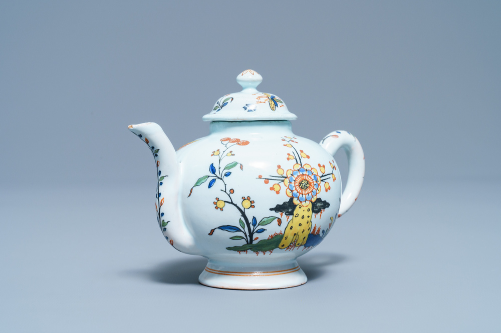 A polychrome French faience teapot and cover, Sinceny, 18th C.