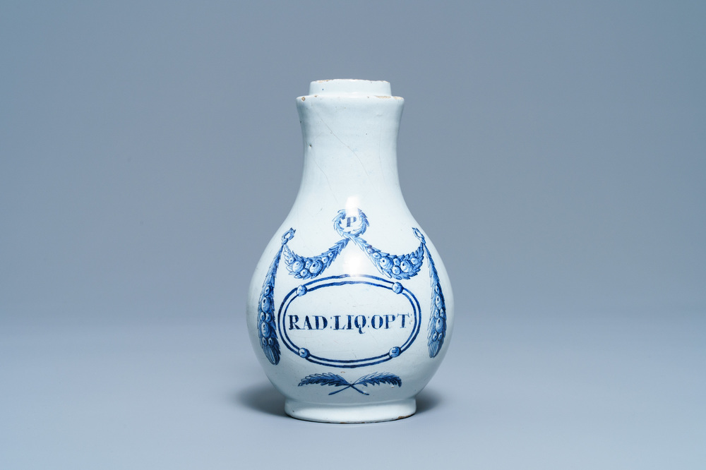 A Dutch Delft blue and white pharmacy bottle, 18th C.