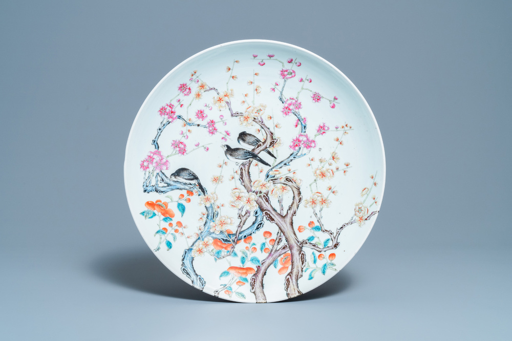 A large Chinese famille rose 'prunus and magpie' dish, Qianlong mark, 19th C.