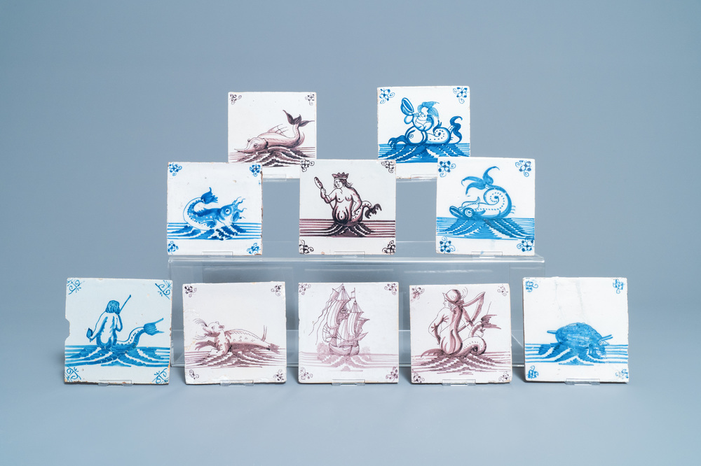 Ten Dutch Delft blue and white and manganese tiles with seacreatures, 17/18th C.