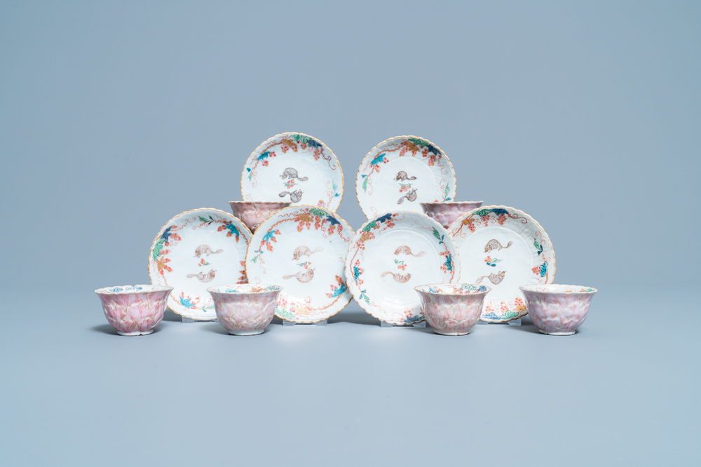 Six Chinese famille rose lotus-molded cups and saucers, Yongzheng