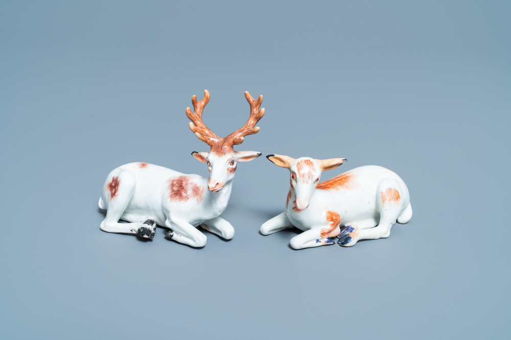 A pair of porcelain models of deer, probably Chelsea, England, 18th C.