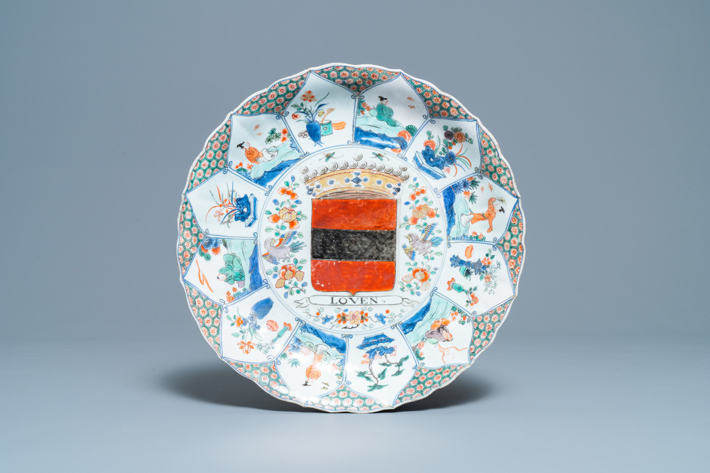 A Chinese famille verte 'Provinces' dish with the arms of Leuven, Kangxi/Yongzheng