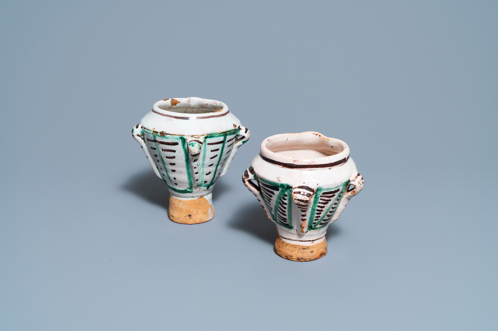 A pair of polychrome Spanish pottery mortars, 16/17th C.