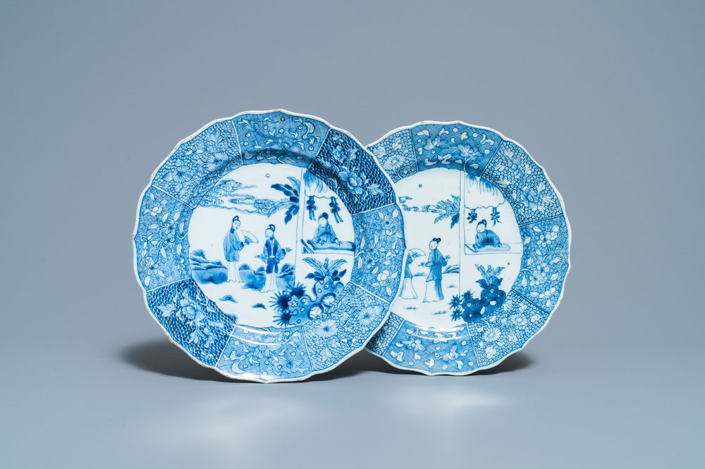 A pair of Chinese blue and white 'Xi Xiang Ji' dishes, Qianlong