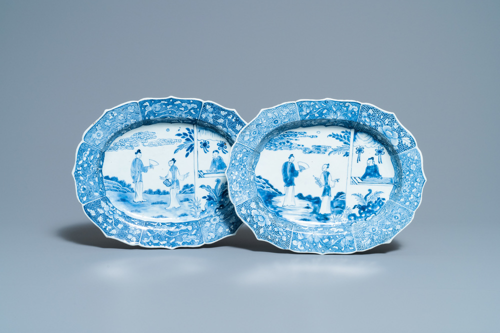 A pair of Chinese blue and white 'Xi Xiang Ji' oval dishes, Qianlong