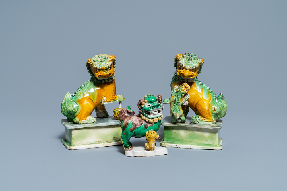 Three Chinese sancai-glazed models of Buddhist lions, Kangxi