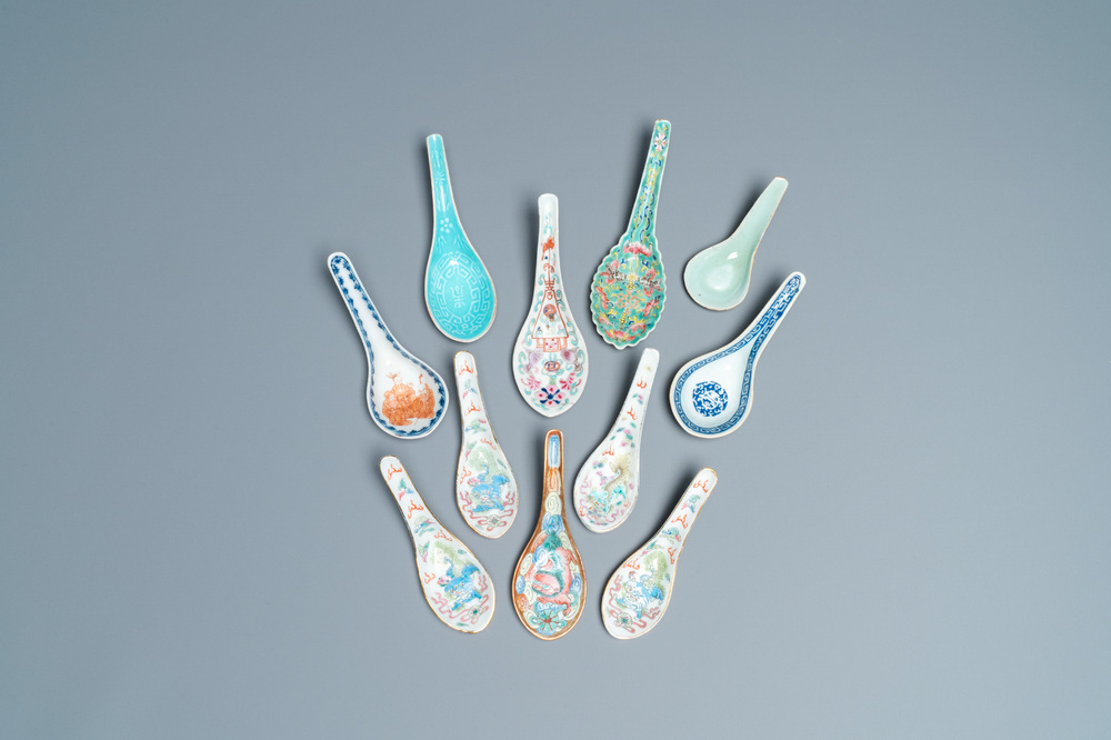 Eleven Chinese famille rose, blue and white and monochrome spoons, 19/20th C.