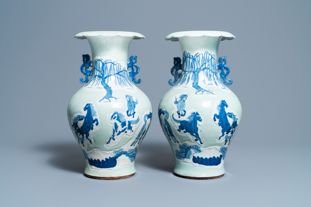 A pair of Chinese blue and white celadon 'horse' vases, 19th C.