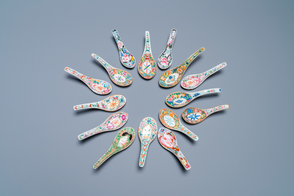 Fifteen Chinese Canton famille rose and millefleurs spoons, 19/20th C.