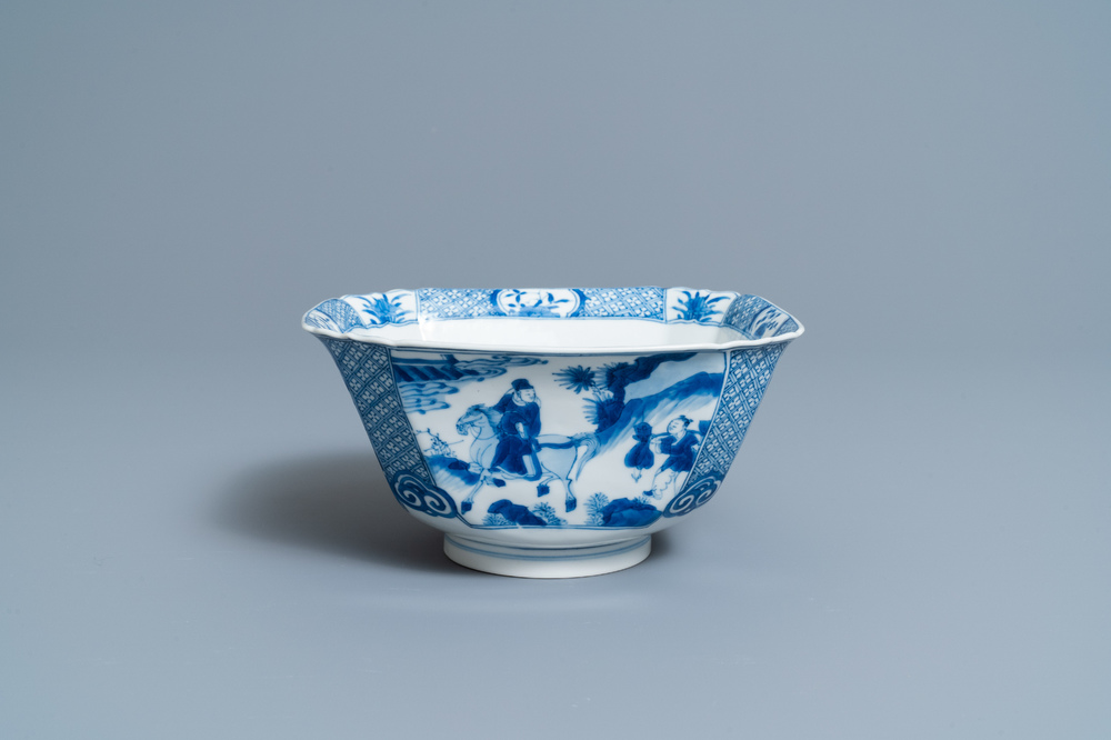 A Chinese square blue and white bowl, Xuande mark, Kangxi