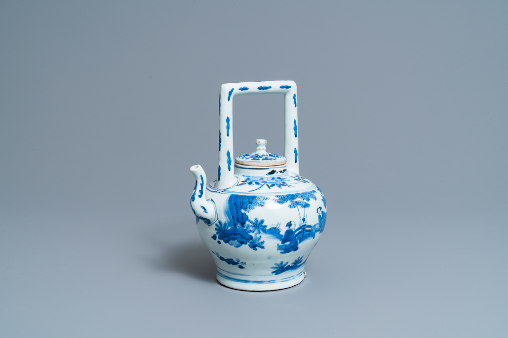 A large Chinese blue and white 'scholars' wine ewer and cover, Transitional period