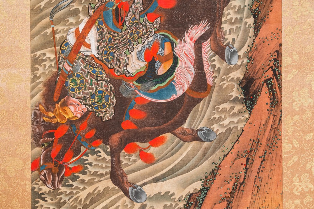 Katsushika Hokusai (Japan, 1760 &ndash; 1849), ink and color on silk: Ryubi jumping his horse across a stream, ca. 1834