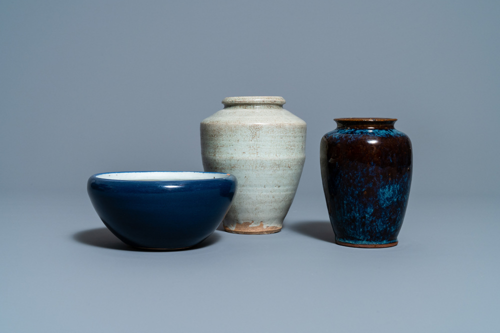 A Chinese flamb&eacute;-glazed vase, a cream-glazed vase and a blue-glazed censer, Qing