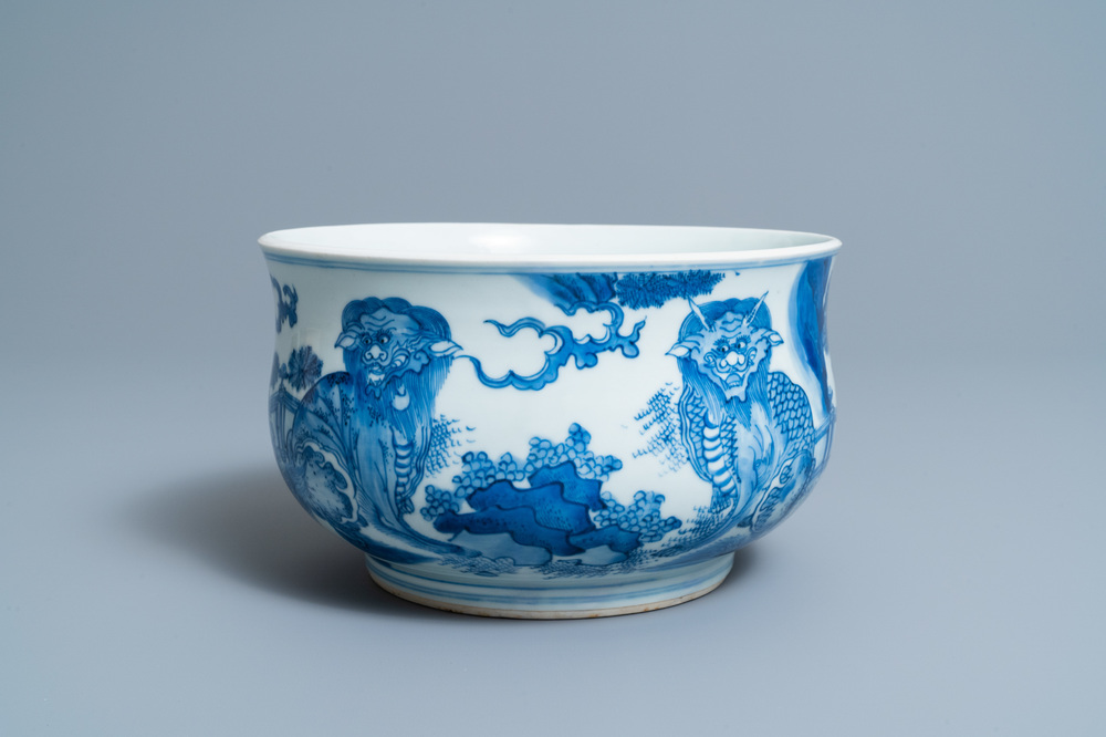 A Chinese blue and white 'mythical beasts' censer, Transitional period