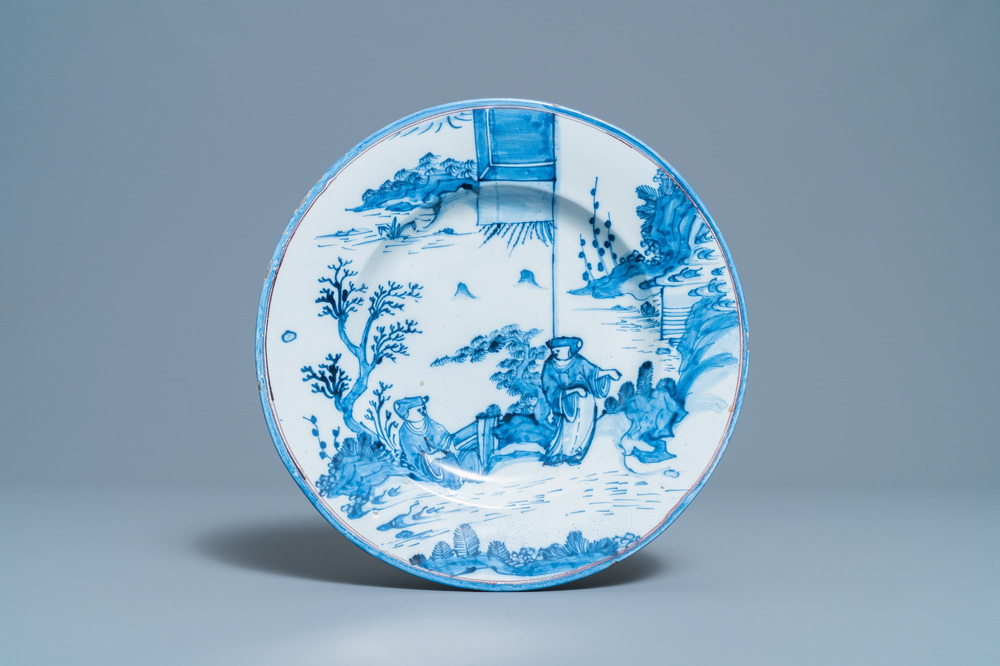 A Dutch Delft blue and white chinoiserie dish, 17th C.