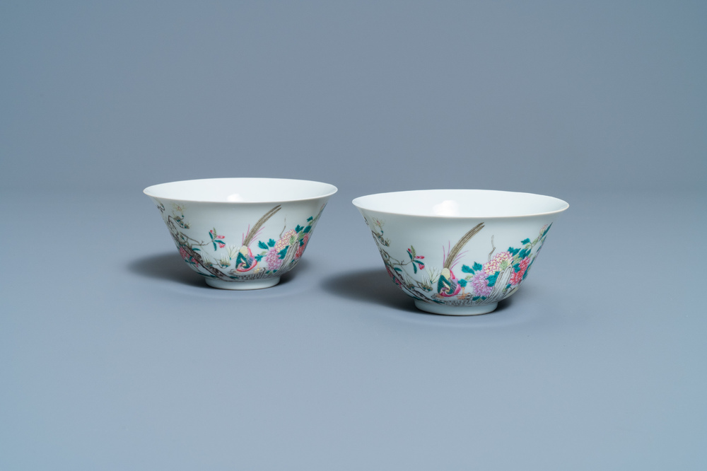 A pair of Chinese famille rose 'pheasant' bowls, Qianlong mark, Republic