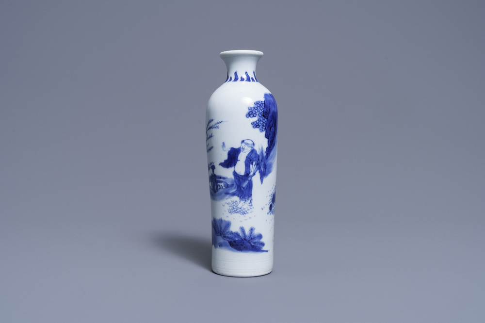 A Chinese blue and white rouleau vase with a figure in a landscape, Transitional period