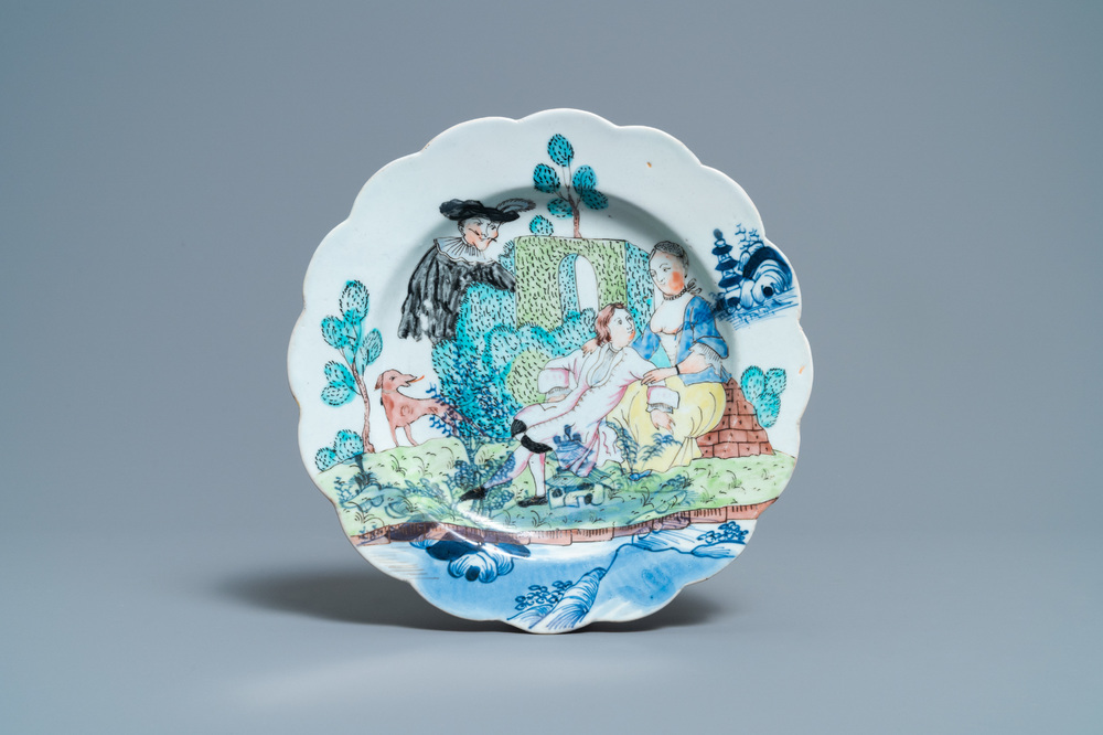 A Dutch-decorated Chinese blue and white plate with a romantic scene, Qianlong